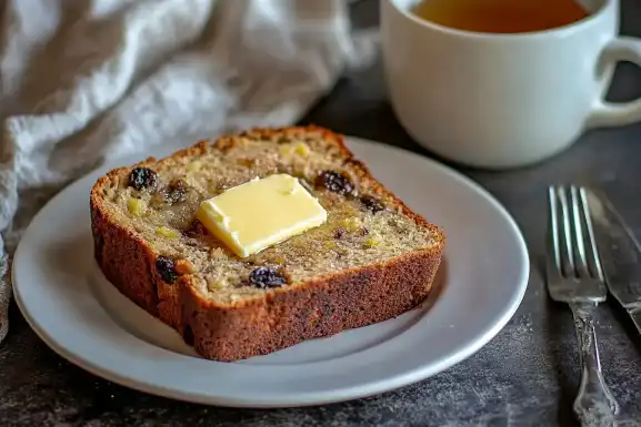 Slice of banana raisin bread with melting butter