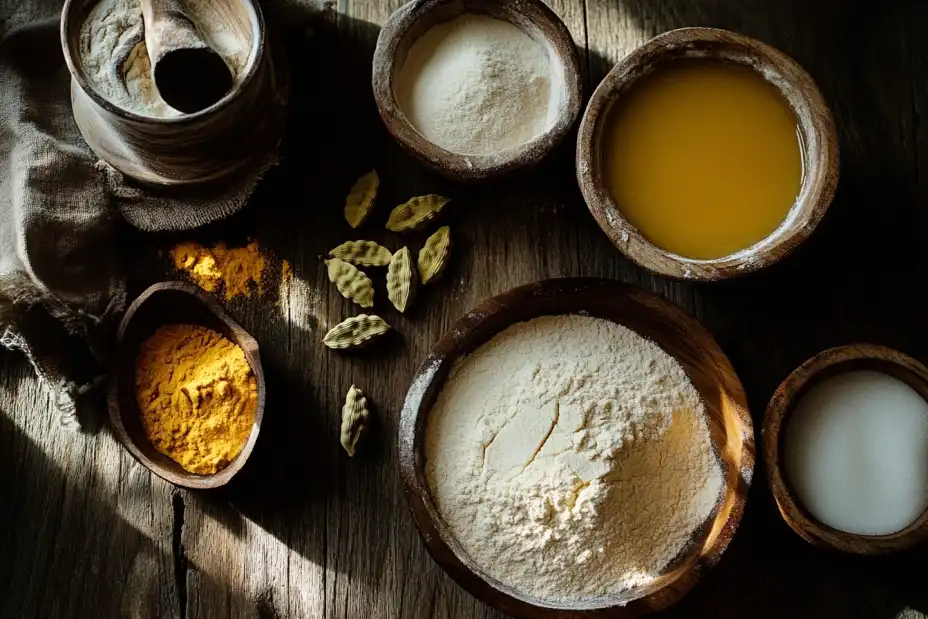 Key ingredients for making Parsad: flour, ghee, sugar, and cardamom.