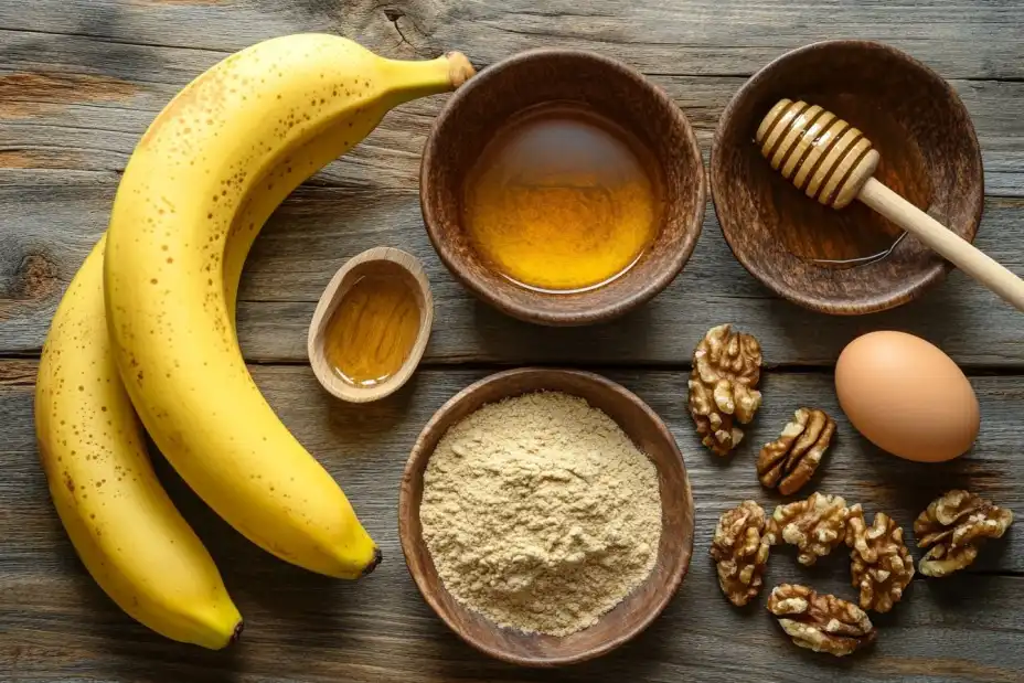 Ingredients for healthy banana bread including bananas, whole wheat flour, and honey.