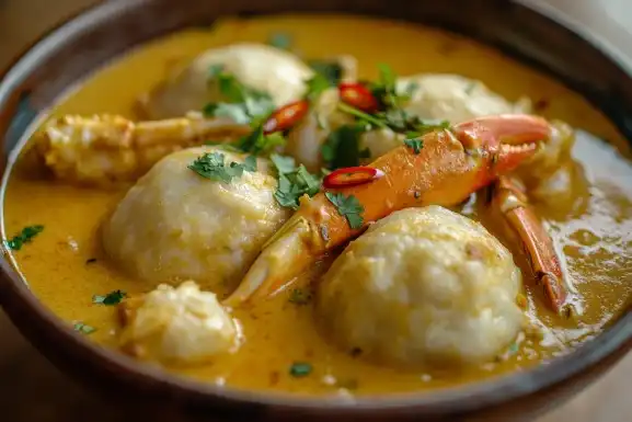 Trinidadian dumplings soaking up curry crab sauce.