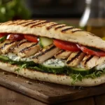 Freshly assembled chicken pita sandwich with grilled chicken, vegetables, and tzatziki sauce.