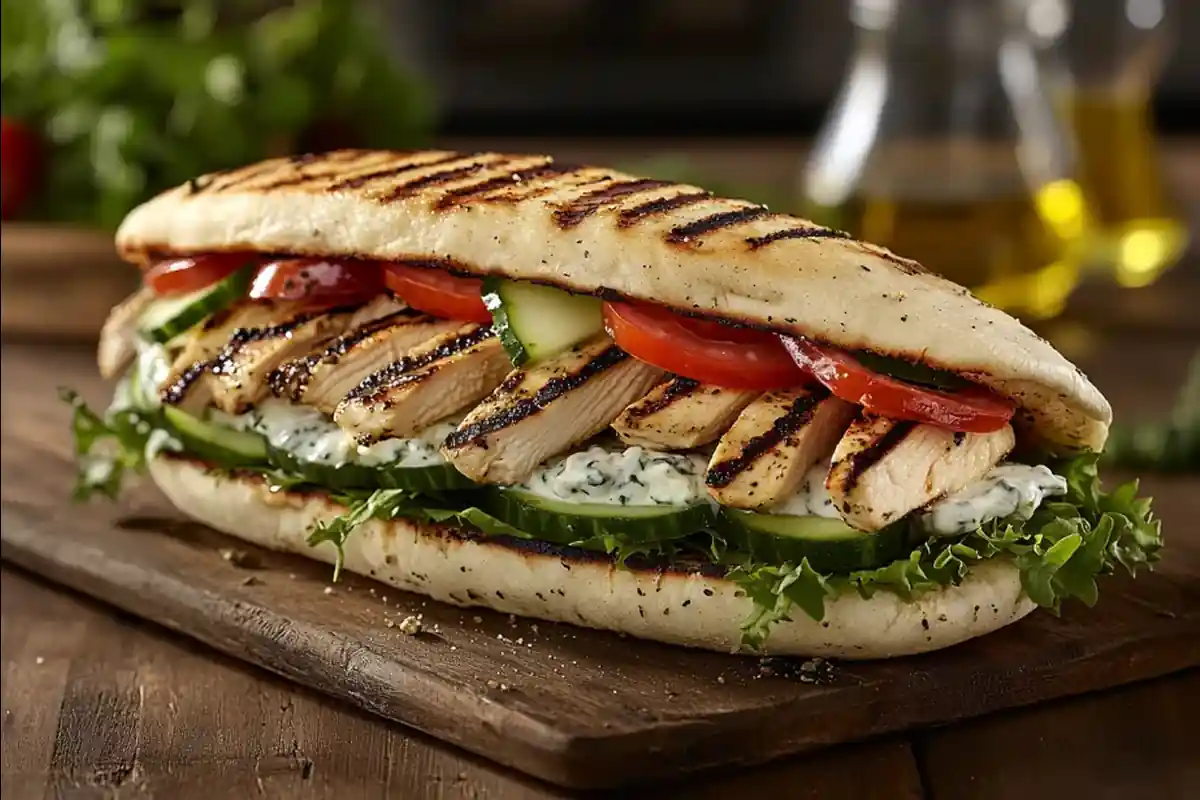 Freshly assembled chicken pita sandwich with grilled chicken, vegetables, and tzatziki sauce.