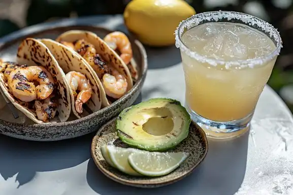 Skinny margarita served with grilled shrimp tacos and fresh avocado