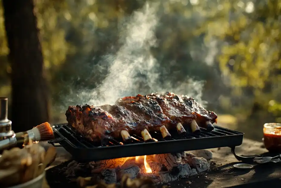 Beef back ribs being smoked on a grill with visible smoke and caramelized crust.