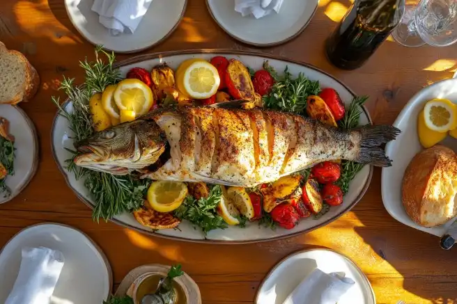 Mediterranean dining table with a whole roasted branzino as the centerpiece.