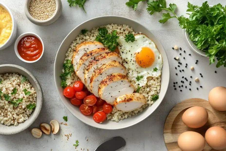 Nutritional breakdown of popular chicken breakfast recipes including macros like protein, carbs, and fats.