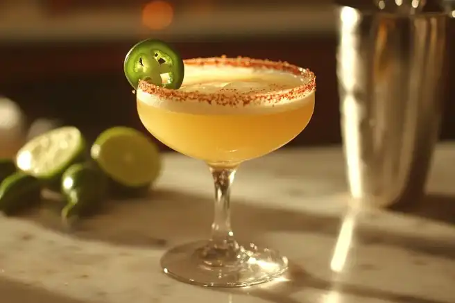 A skinny spicy margarita with a chili-salted rim and jalapeño garnish.