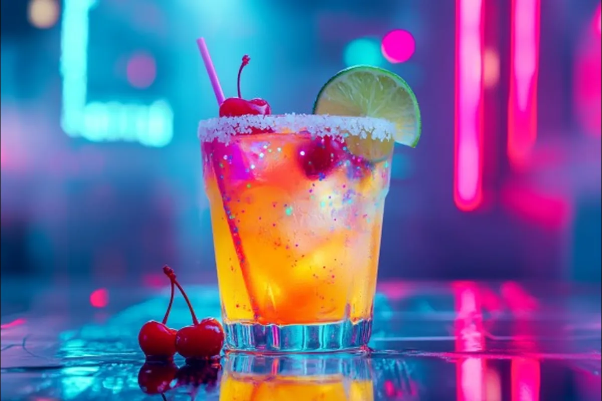 Vegas Bomb cocktail with garnishes, bright neon background, and party ambiance.