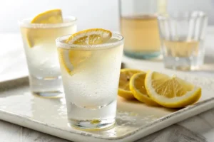 A close-up of a white tea shot in a frosted glass with a lemon wedge garnish.