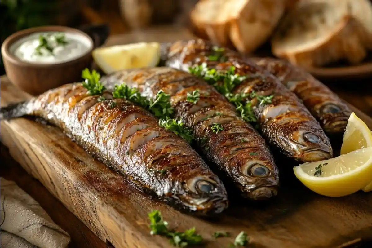 Whole smoked herrings with golden-brown skin, garnished with parsley and lemon wedges, served on a rustic wooden platter.