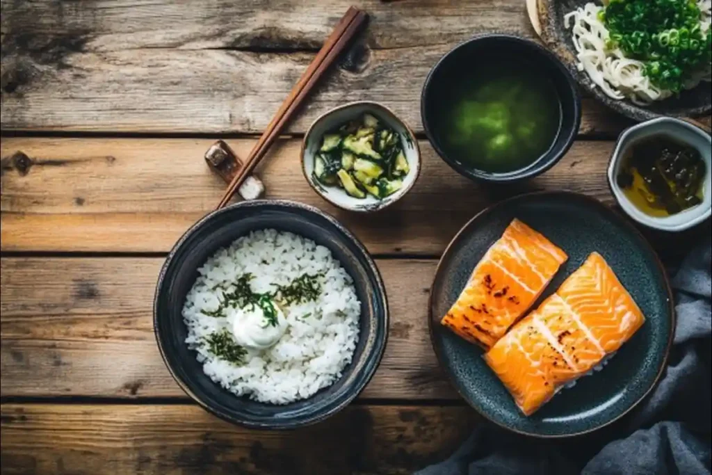 Traditional Japanese breakfast spread with rice and miso soup.