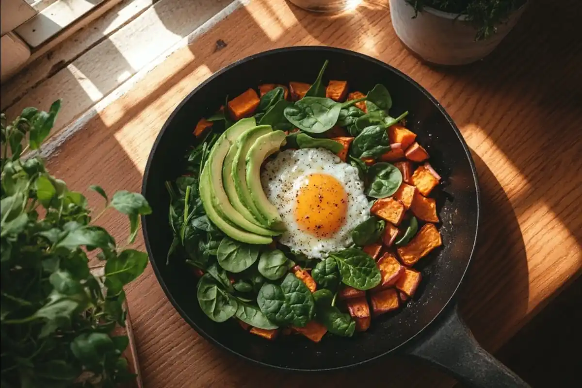 Gluten and dairy-free savory sweet potato hash in a skillet.