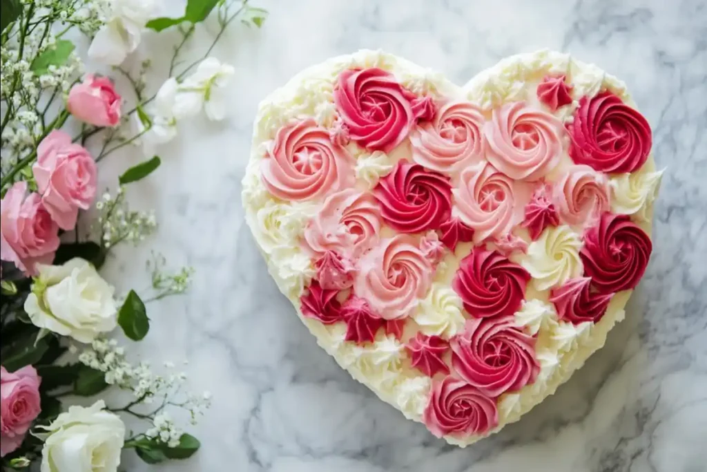 Beautifully frosted heart-shaped cake with pink and red rosettes.