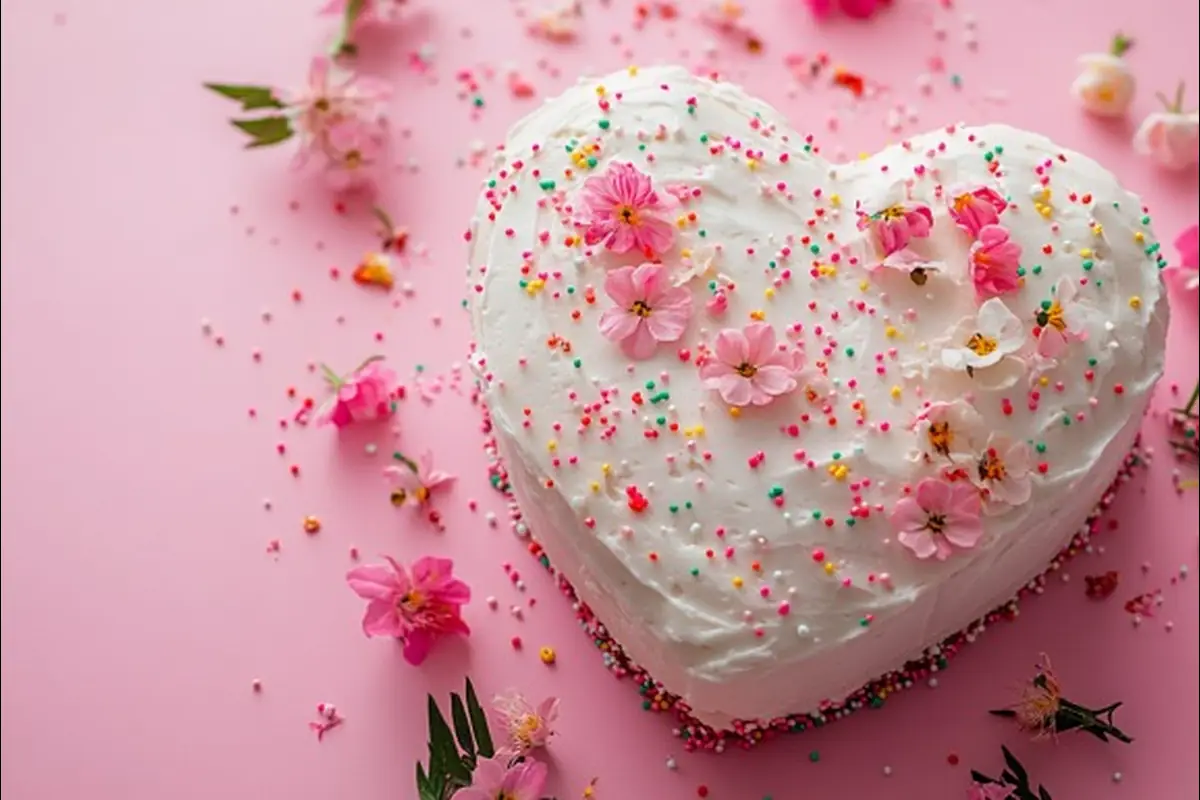 Beautifully frosted heart shaped cake with flowers.