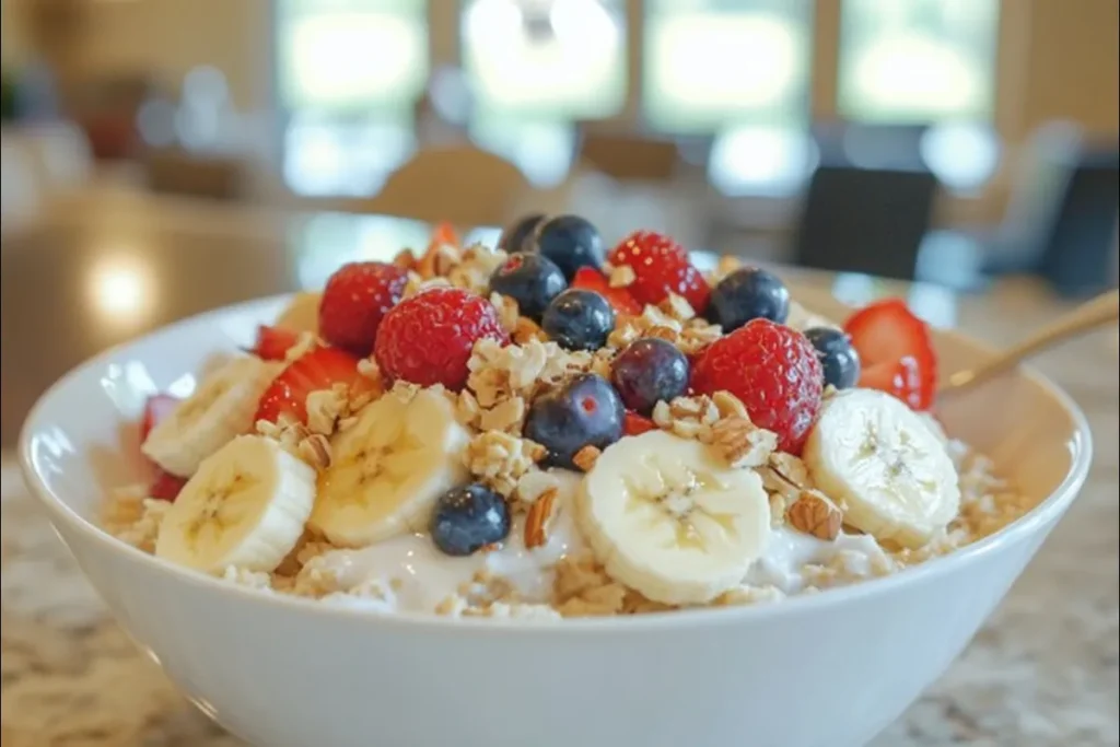 A vibrant bowl of gluten-free and dairy-free oatmeal with fresh toppings.