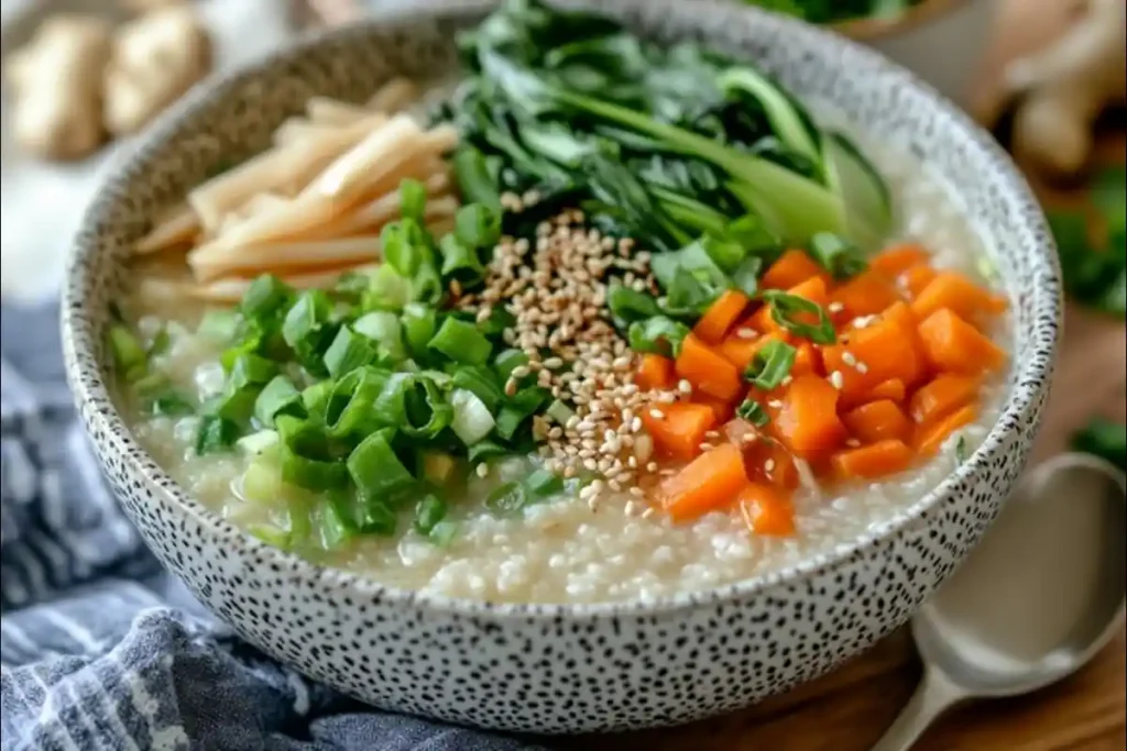 Bowl of vegetable congee with colorful toppings