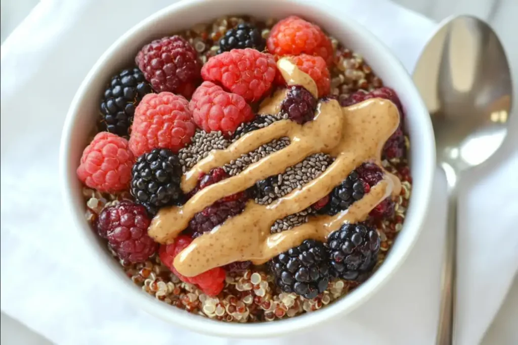 Quinoa breakfast bowl with berries and almond butter.