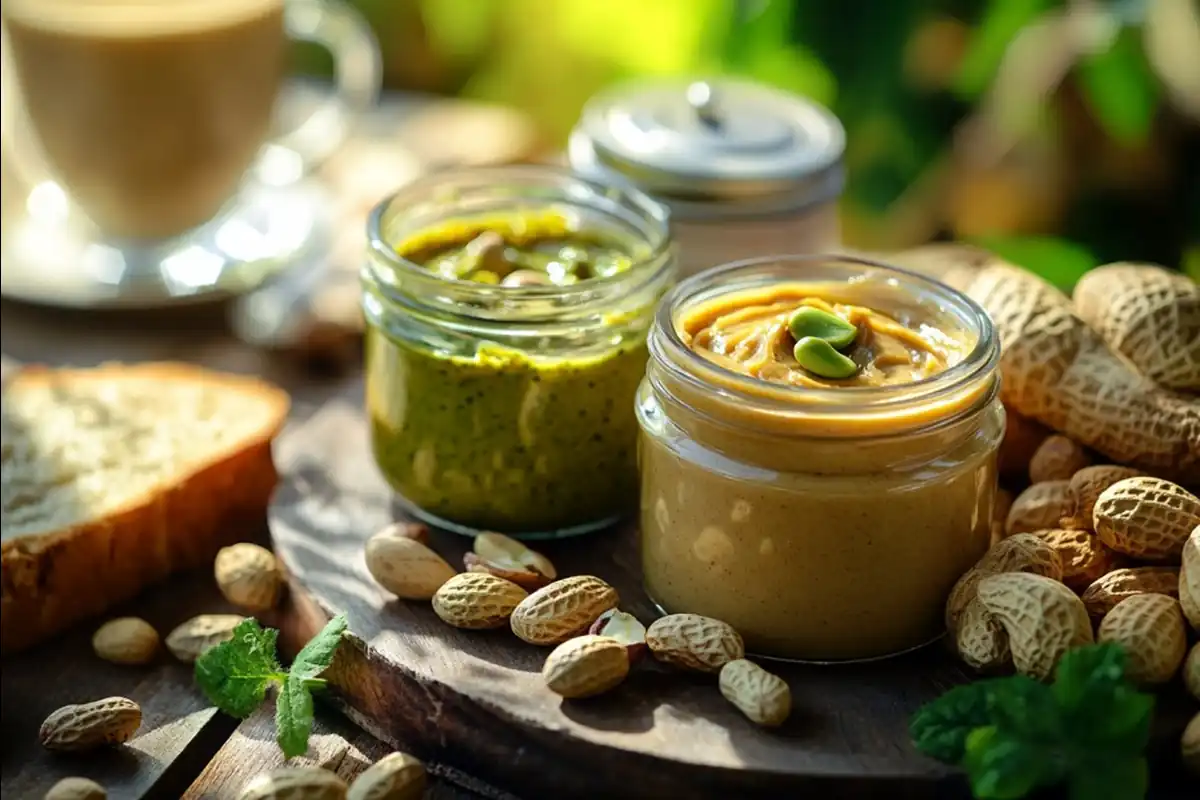 Pistachio butter and peanut butter jars with breakfast setup