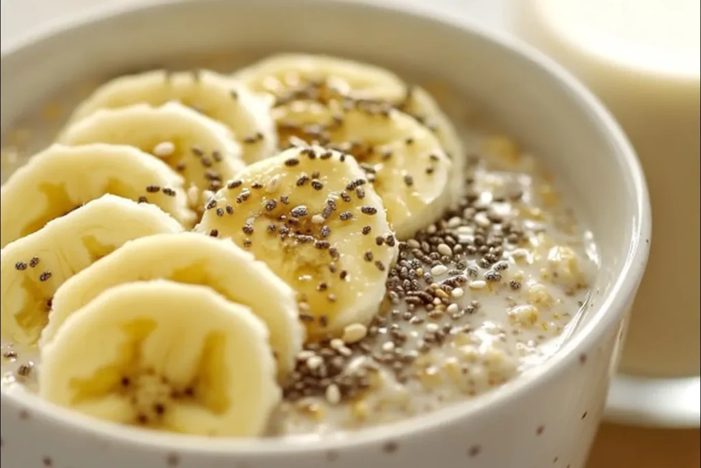 Overnight oats with bananas, chia seeds, and almond butter.