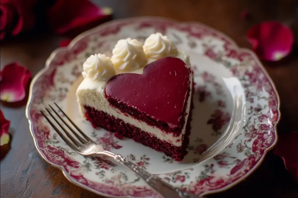 Red velvet heart shaped cake slice with cream cheese frosting.