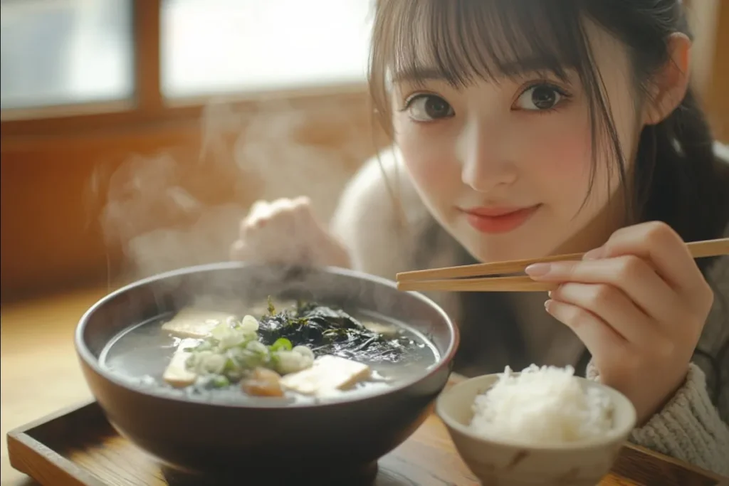 Close-up of miso soup with tofu and seaweed.