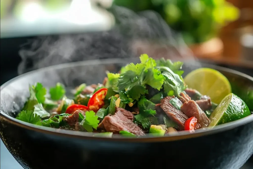 Close-up of a steaming bowl of Vietnamese pho with fresh herbs.