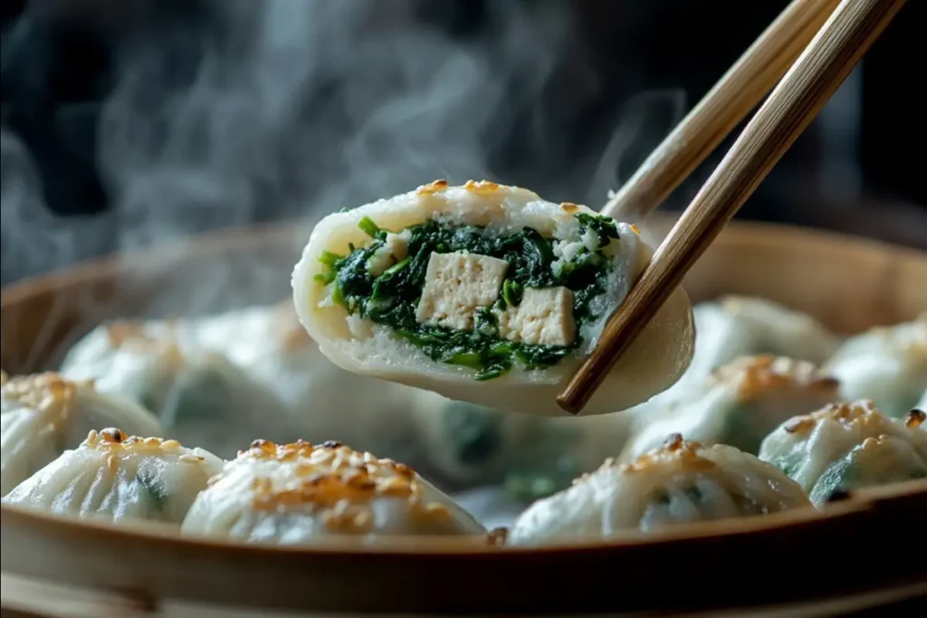 Steamed baozi with spinach and tofu filling