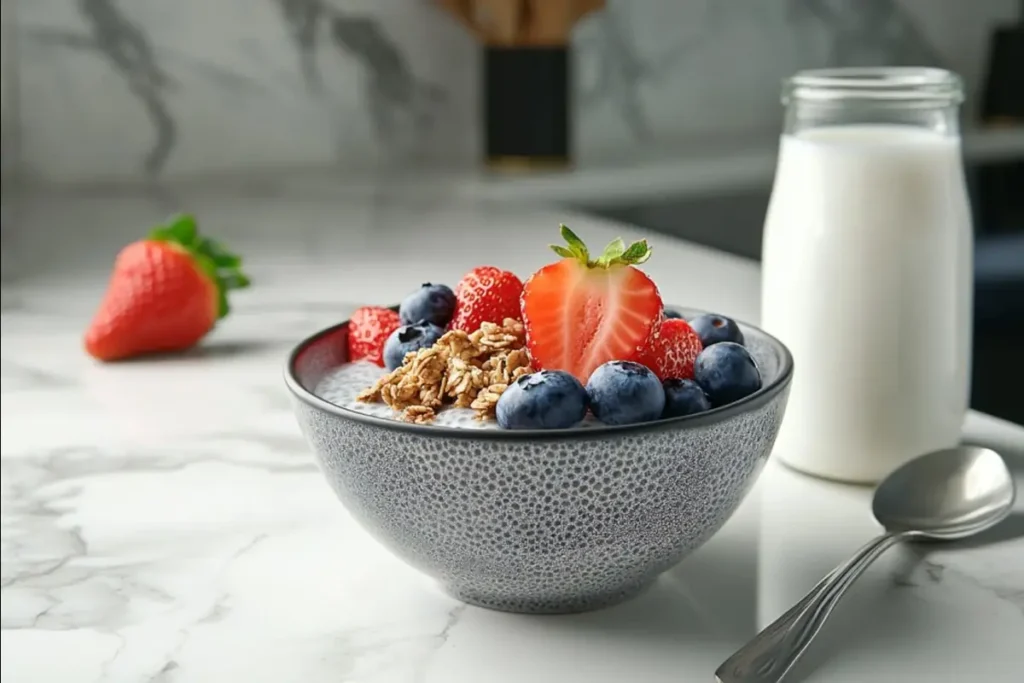 Chia seed pudding with berries and granola on a marble counter.