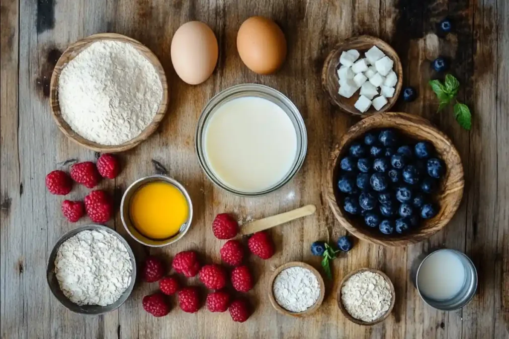 Ingredients for gluten-free pancakes on a wooden cutting board.