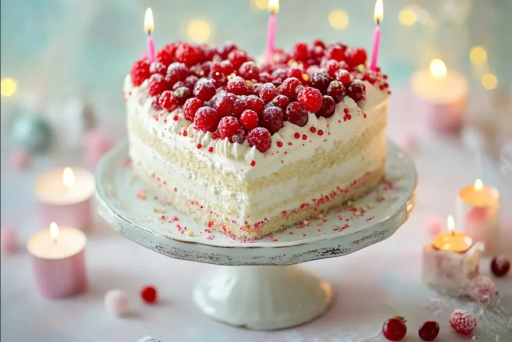 Elegant heart-shaped cake with red berries and glitter.