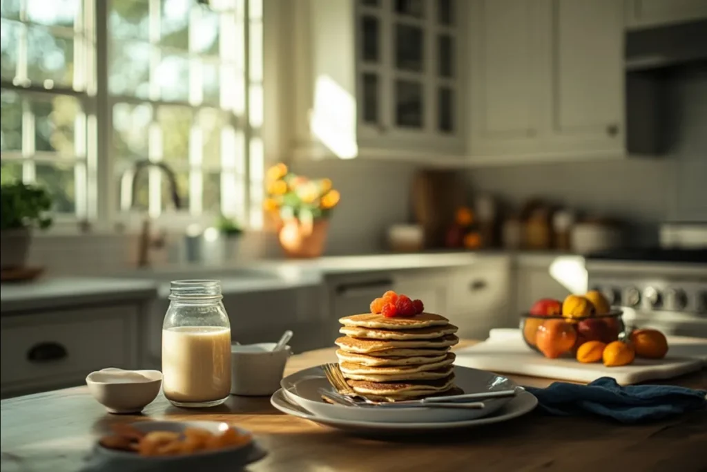 A breakfast table with gluten-free pancakes, fruits, and almond milk.