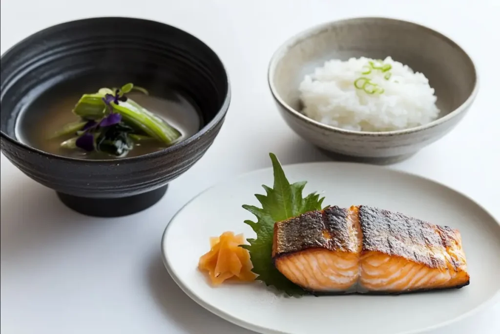 Minimalist Japanese breakfast set with rice, grilled salmon, and miso soup.