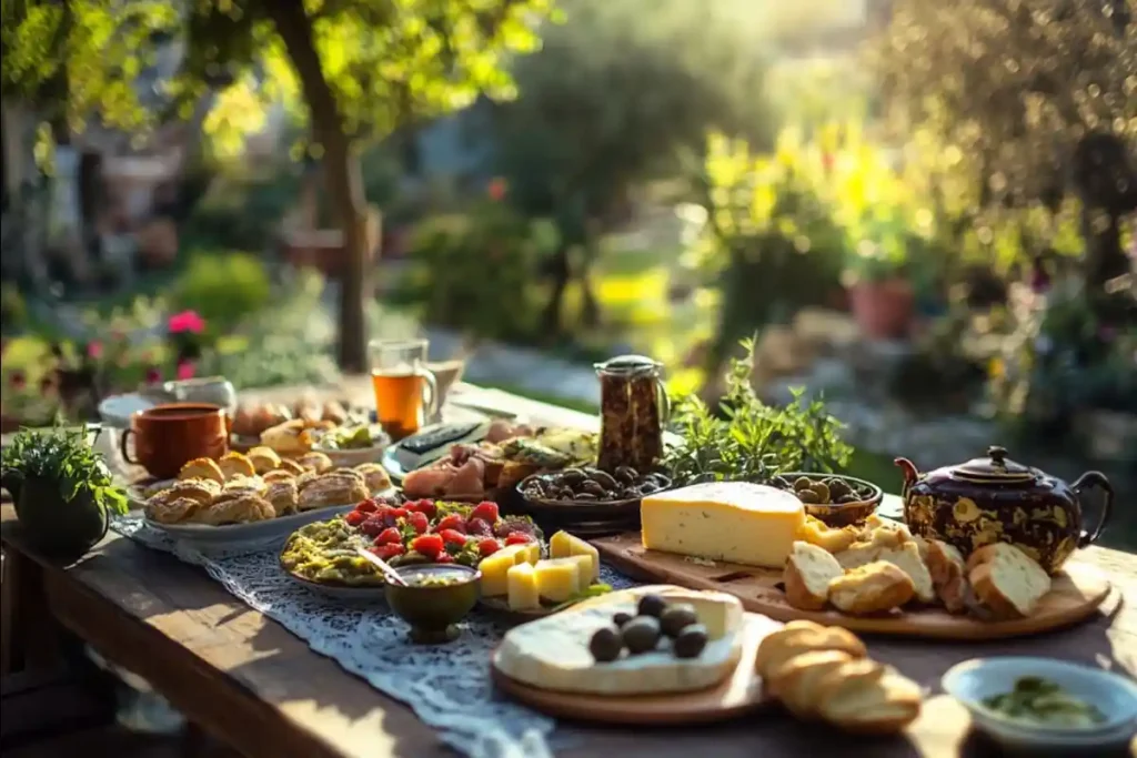 Traditional Turkish breakfast spread with cheeses, olives, and tea.