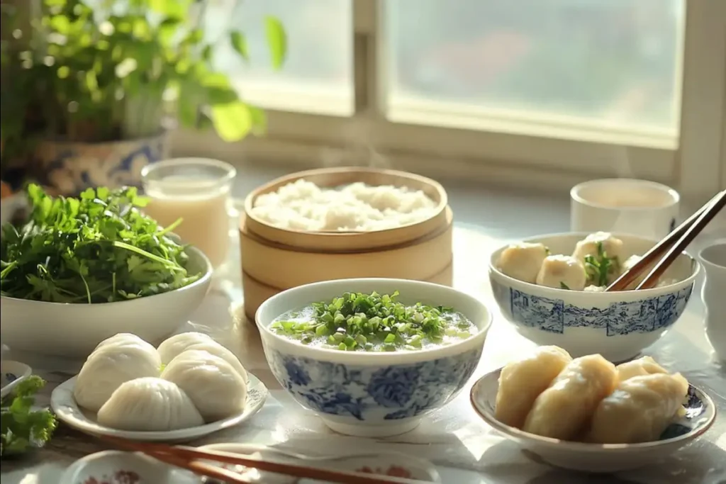 Traditional Chinese breakfast spread with steamed baozi and congee