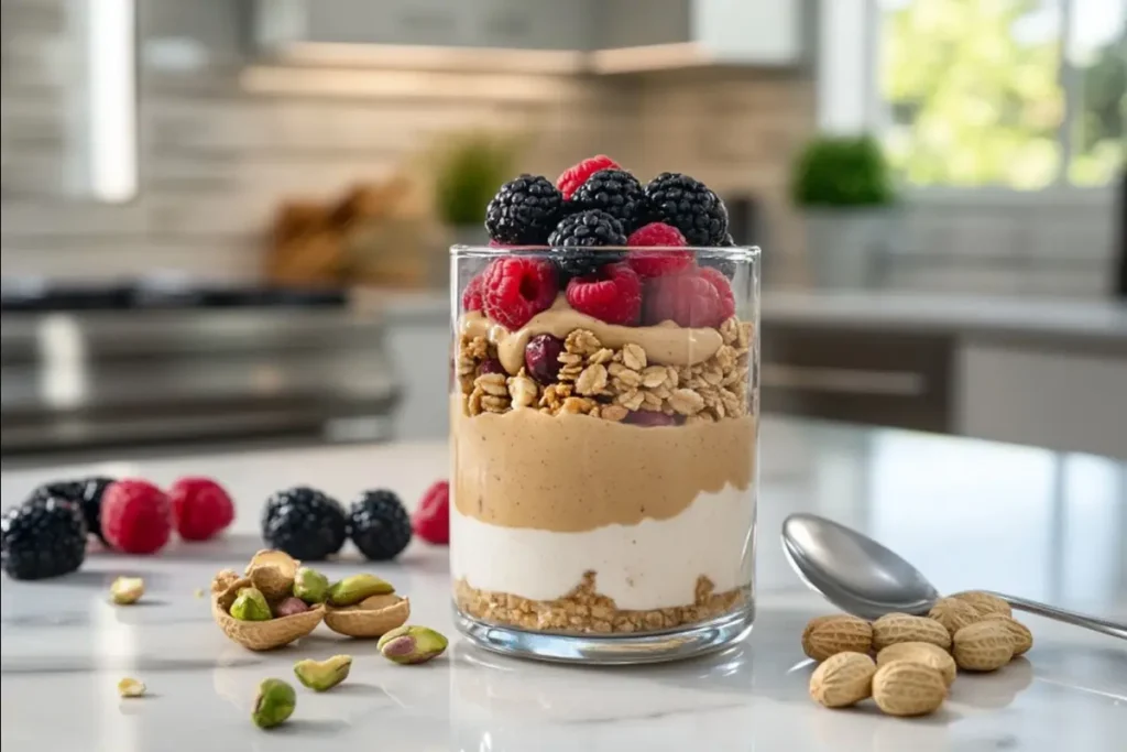 Breakfast parfait with pistachio and peanut butter