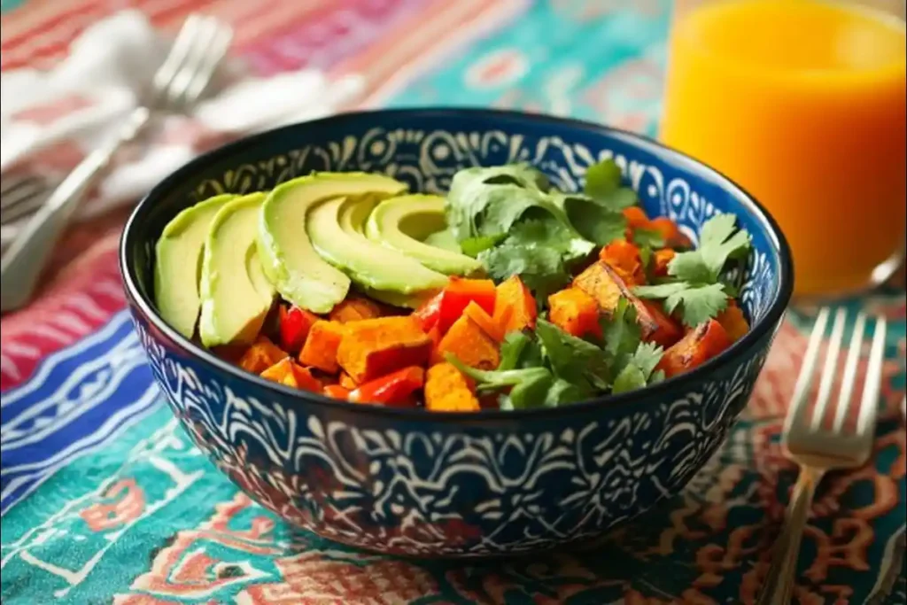 Gluten and dairy-free sweet potato breakfast bowl with avocado and spinach.