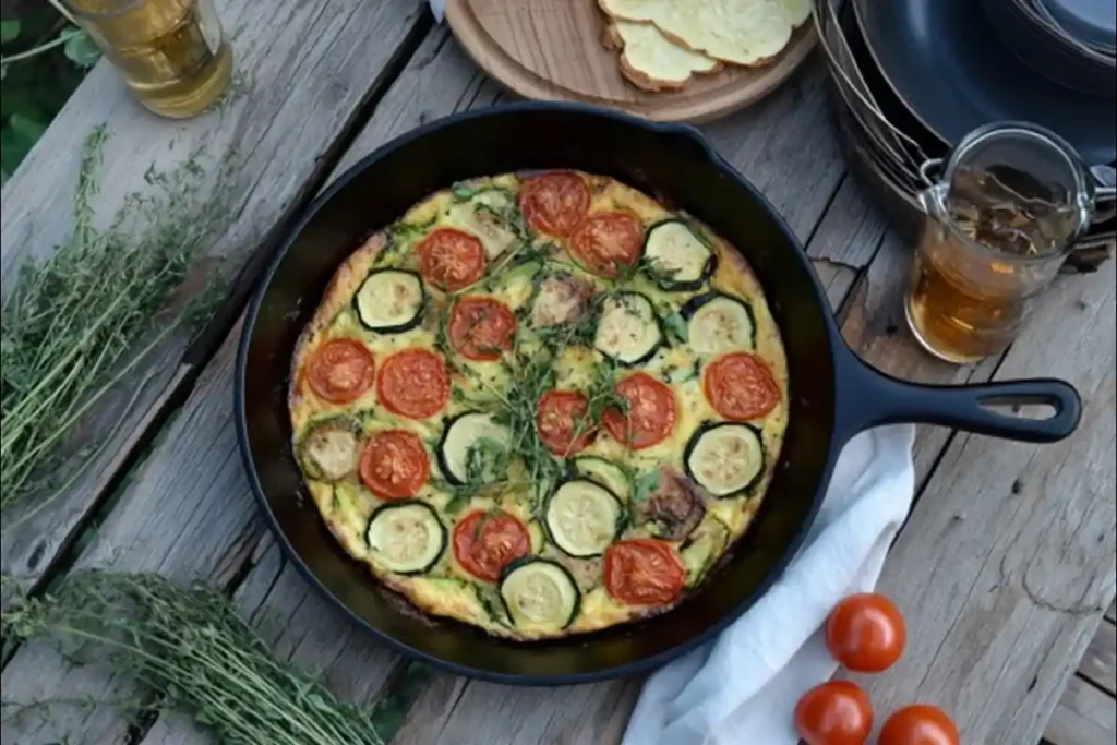 Gluten-free and dairy-free vegetable frittata in a skillet.