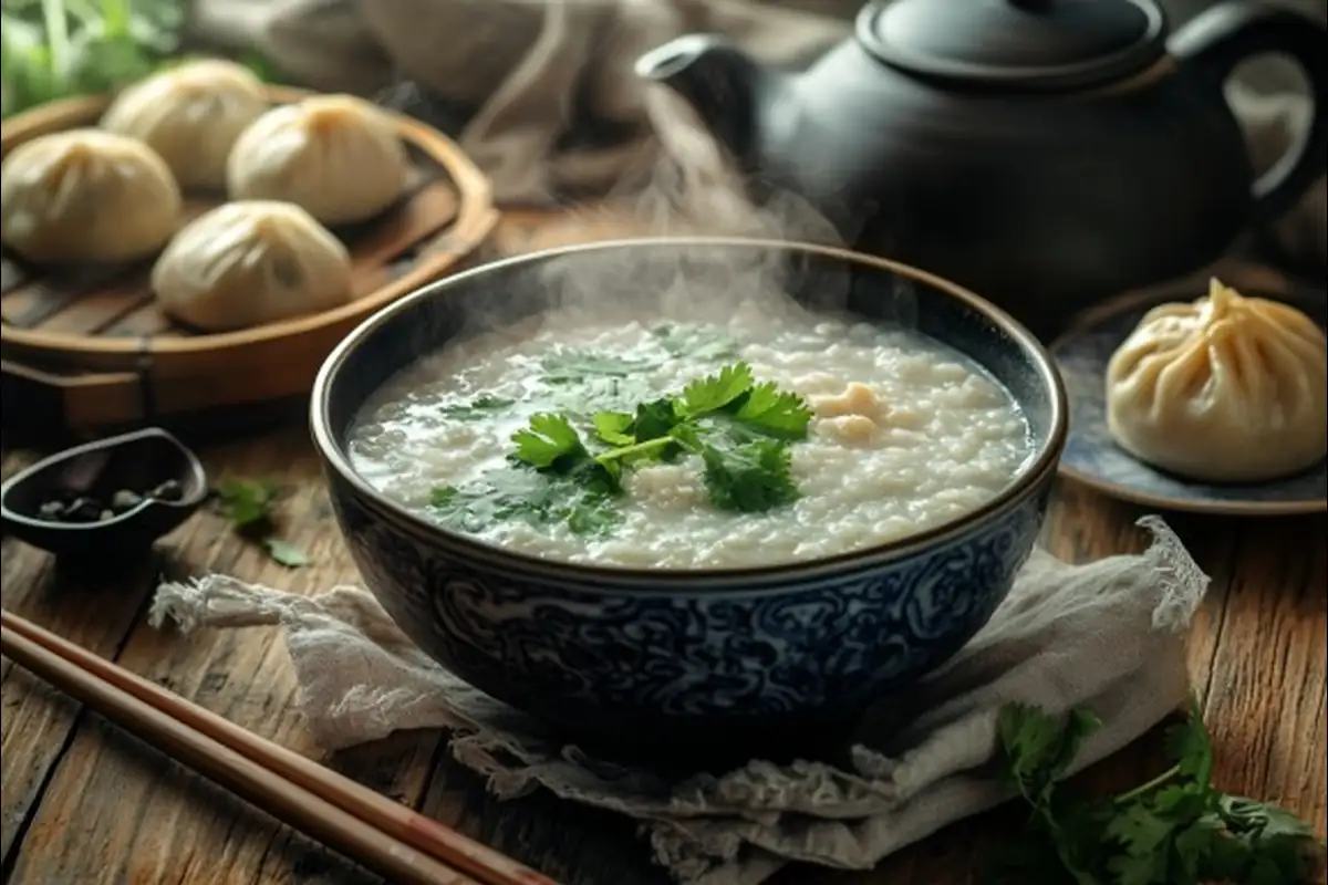 Traditional Asian breakfast spread with congee, dim sum, and miso soup.