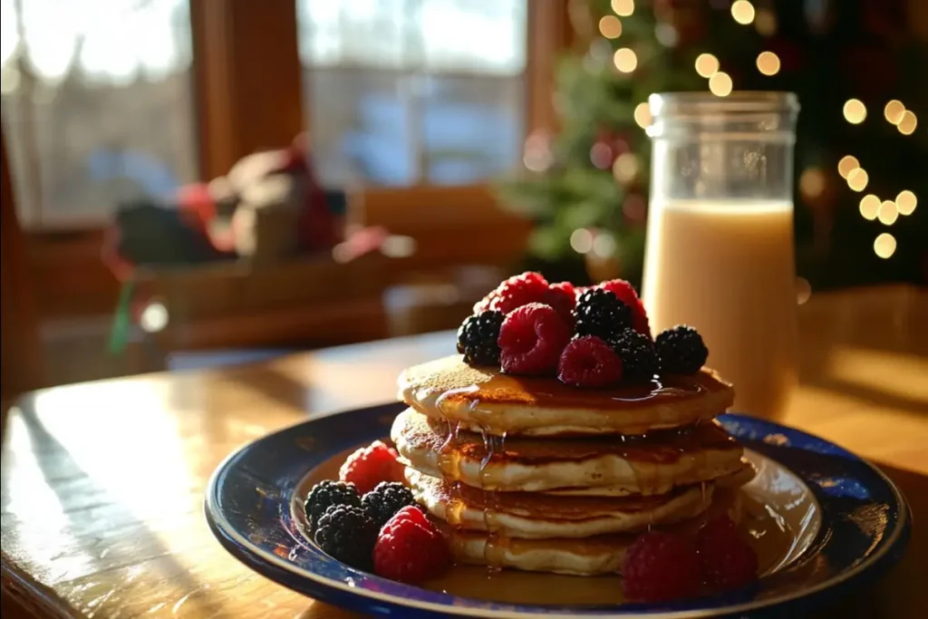 Gluten-free pancakes topped with berries and maple syrup.