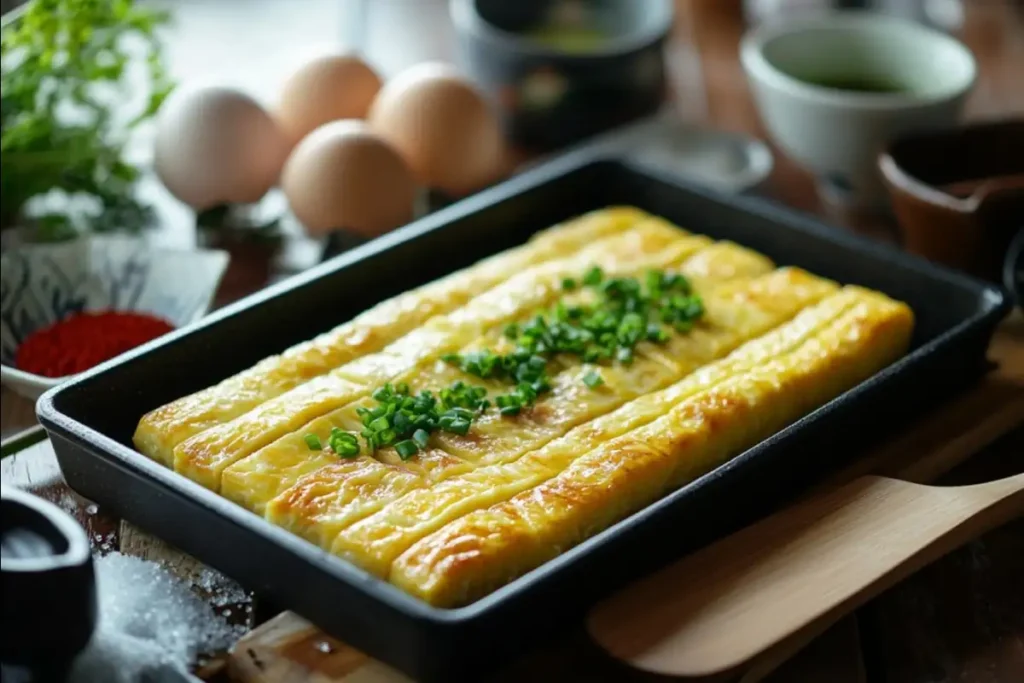 Tamagoyaki cooking process in a rectangular pan.