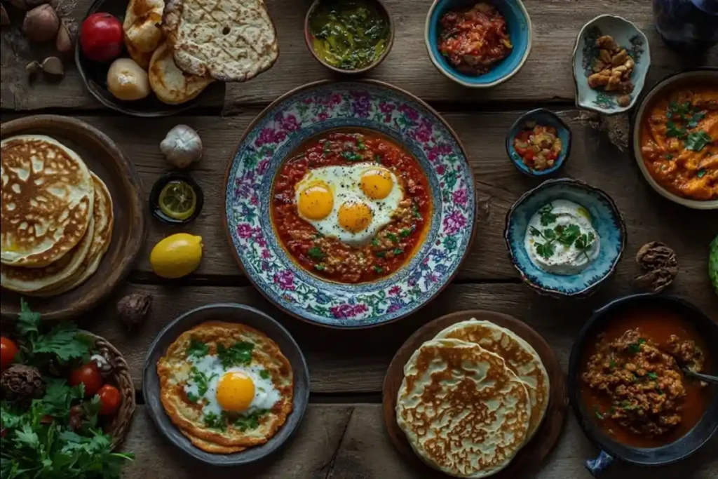 A global variety of traditional breakfasts on a rustic table