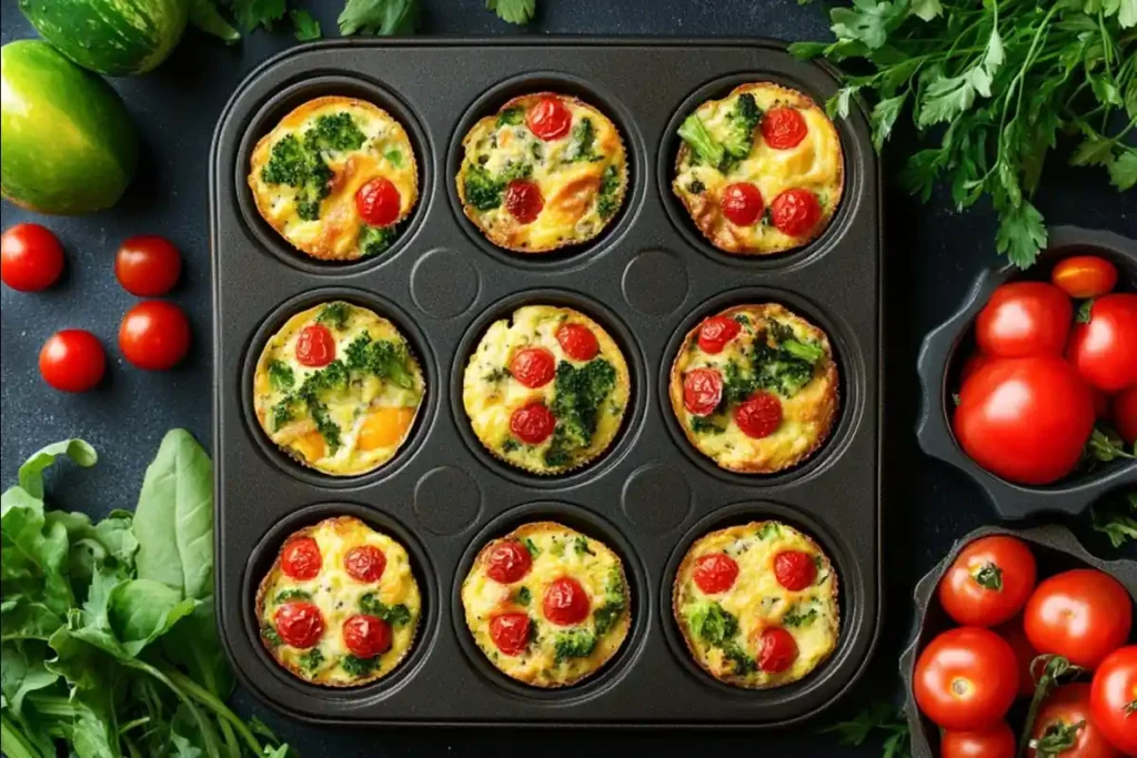 Freshly baked gluten-free and dairy-free egg muffins surrounded by vegetables.