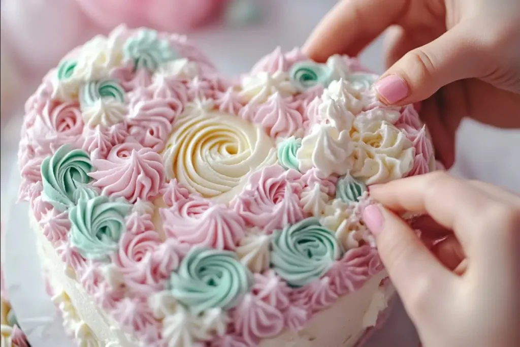 How Do I Make a Heart Shaped Cake? Close-up of decorating with piping bags.