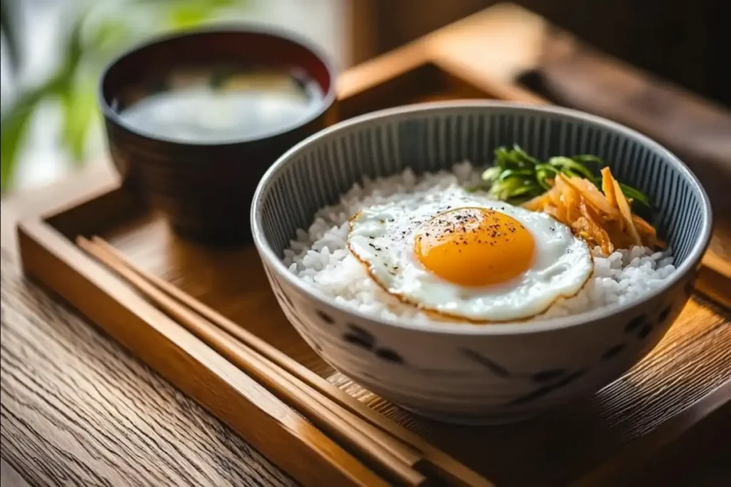 Traditional Japanese breakfast with rice and egg