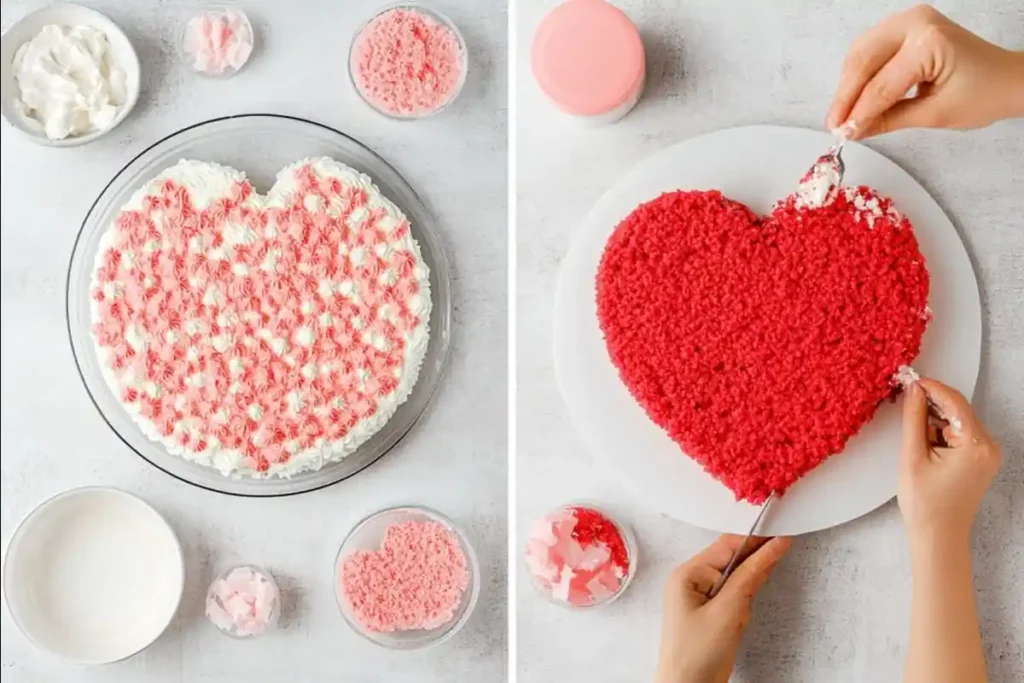 Step-by-step guide to making a heart shaped cake without a special pan.