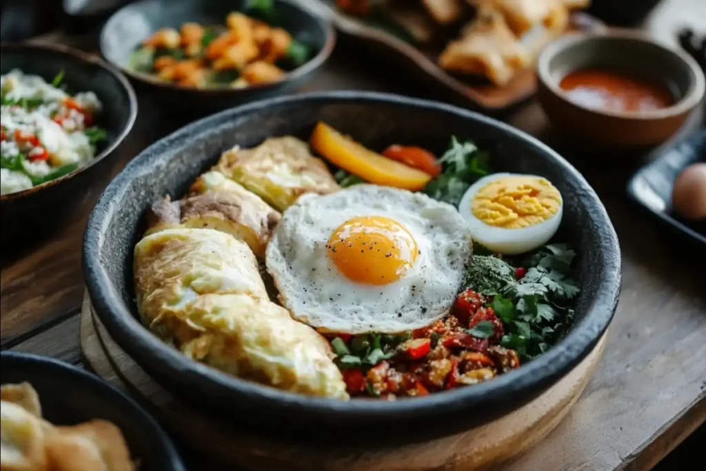 Asian breakfast table with diverse dishes like Jianbing, Roti Canai, and Pho.