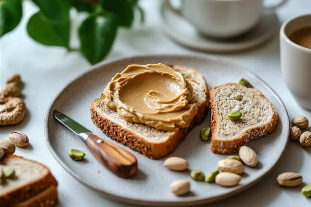 Pistachio and peanut butter spread on toast