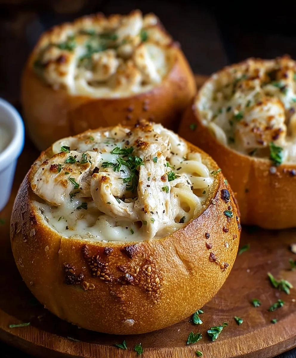 Chicken Alfredo Garlic Bread Bowls - Easy Recipe