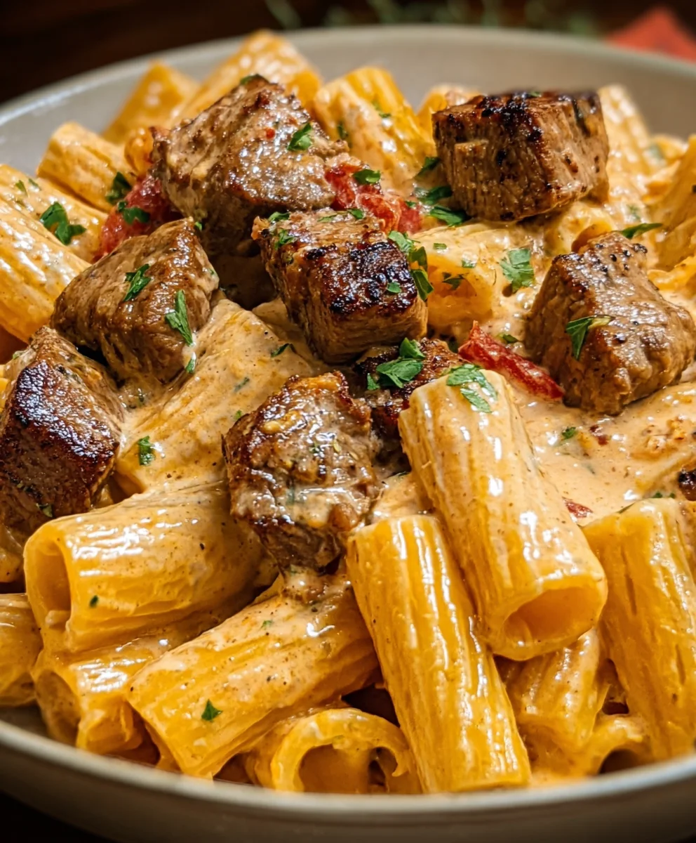 Cajun Beef Tips Rigatoni Parmesan - Creamy Cheesy Dinner